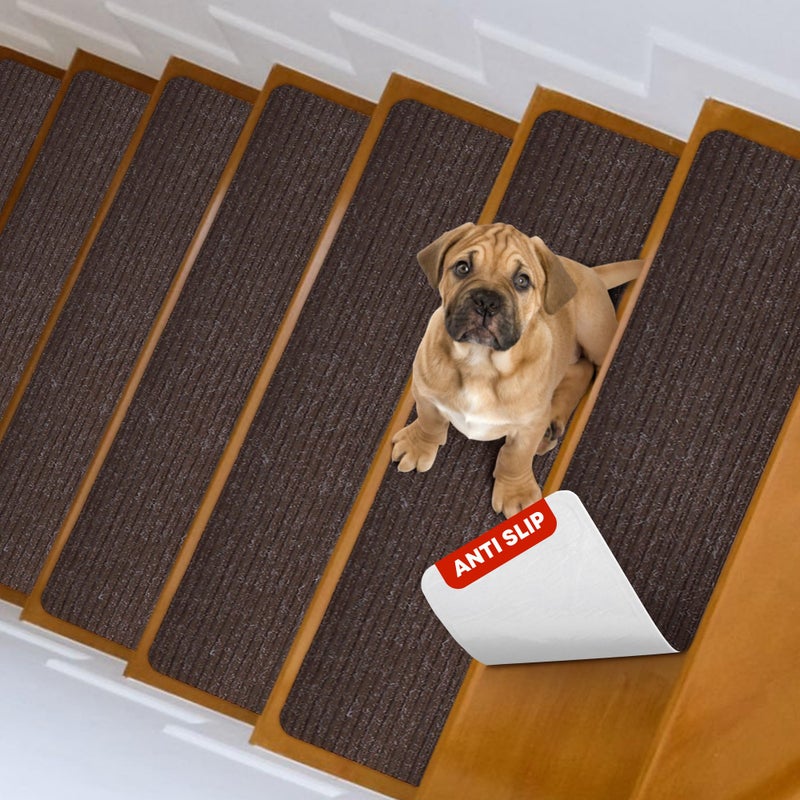 MBIGM 8" X 30" (15 in Pack) Nonslip Carpet Stair Treads Non-Skid Safety Rug Slip Resistant Indoor Runner for Kids Elders & Pets with Reusable Adhesive - Brown - Non Slip Stair Treads Indoor - Image 1